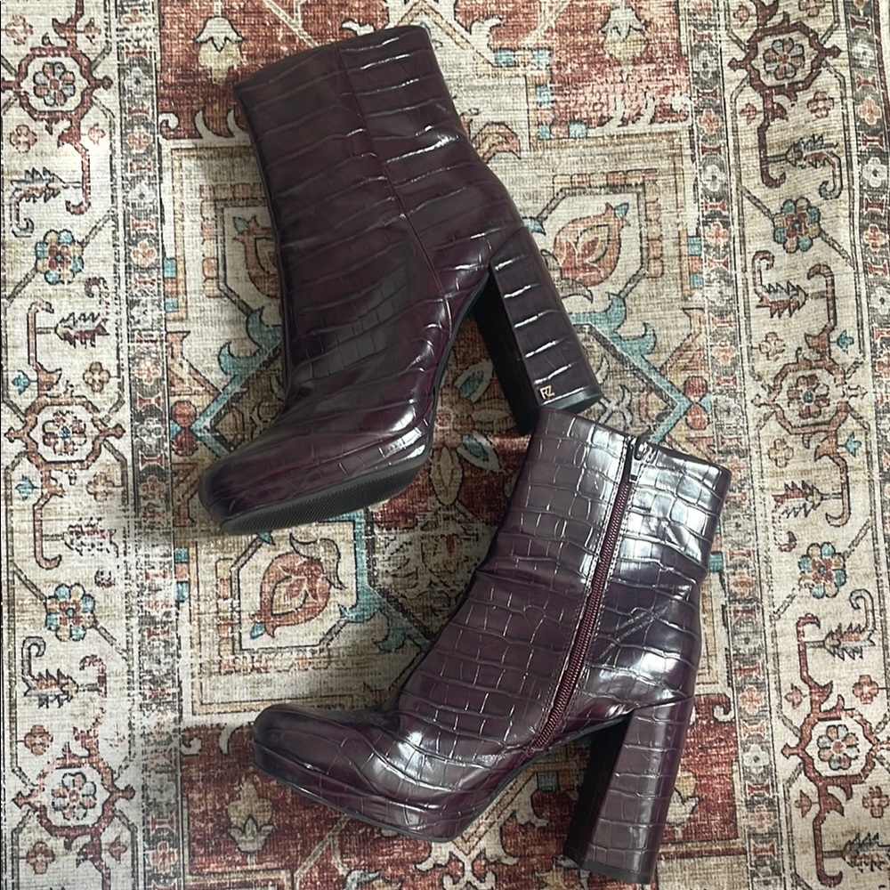 Burgundy Croc-Embossed Ankle Boots